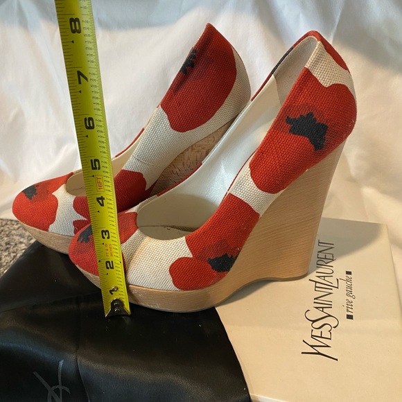 Yves Saint Laurent Poppy Print Canvas Maryna Cork Wedges - Picture 6 of 8